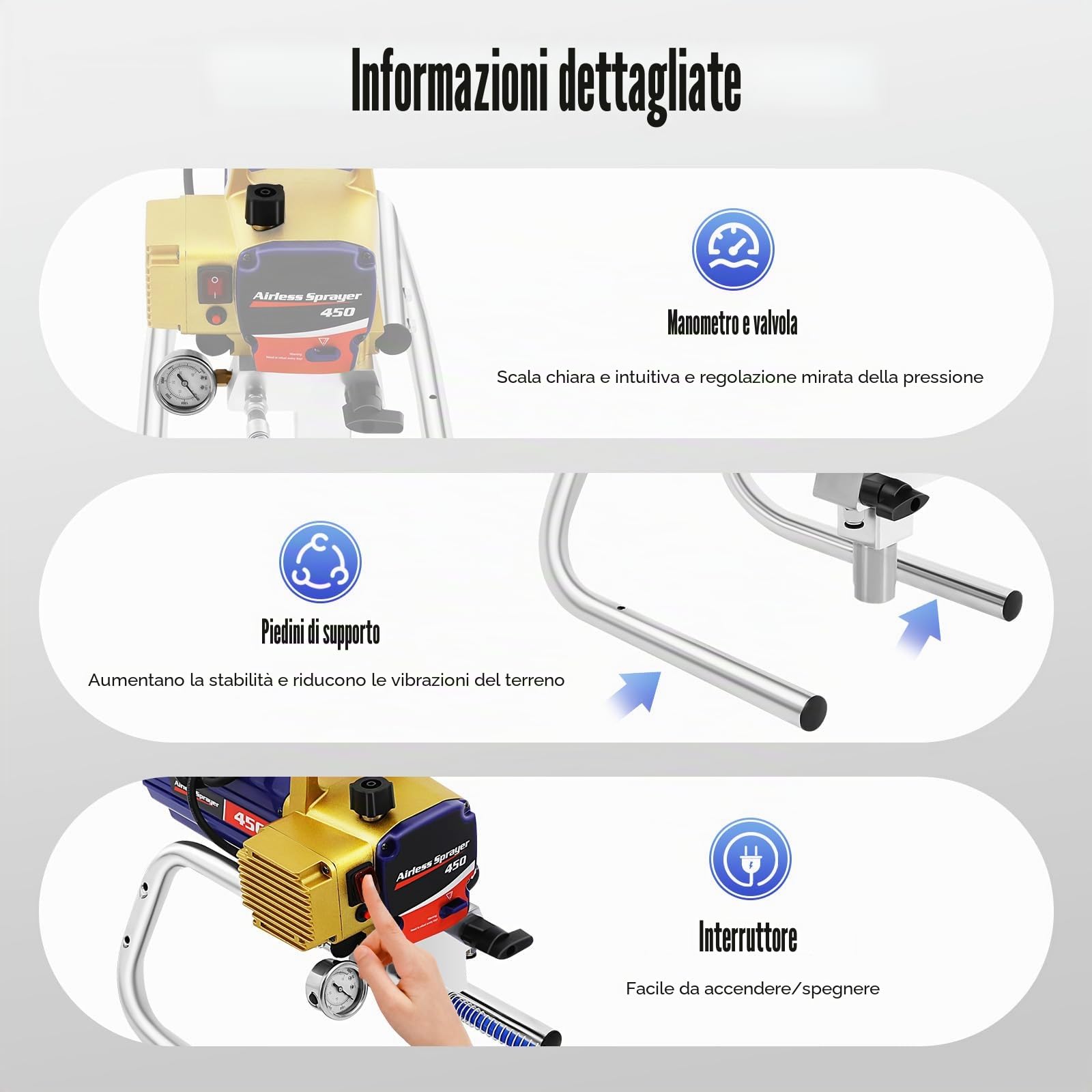 airless - Spruzzatore a spruzzo per vernice airless, 1500 W, portatile, 3300 PSI, ad alta pressione, 2,2 l/min, con tubo di 8 m