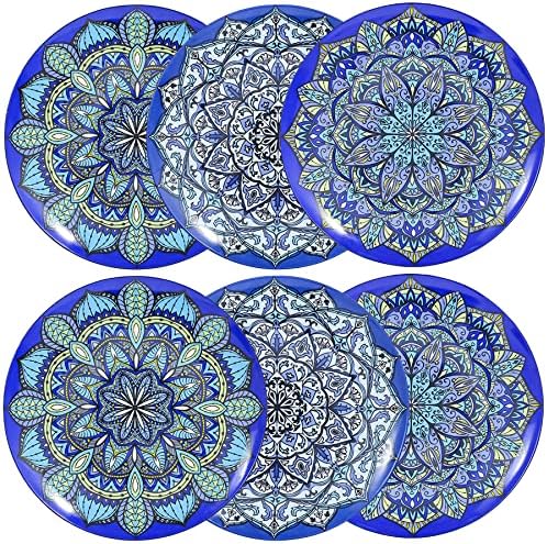 BFU 8 inch Porcelain Dinner Plates, Vintage Blue Plates Set of 6 for Dessert,Salad,Pasta, Pancakes, Steak,Appetizer,Microwave Safe Dinnerware - Bohemian Style
