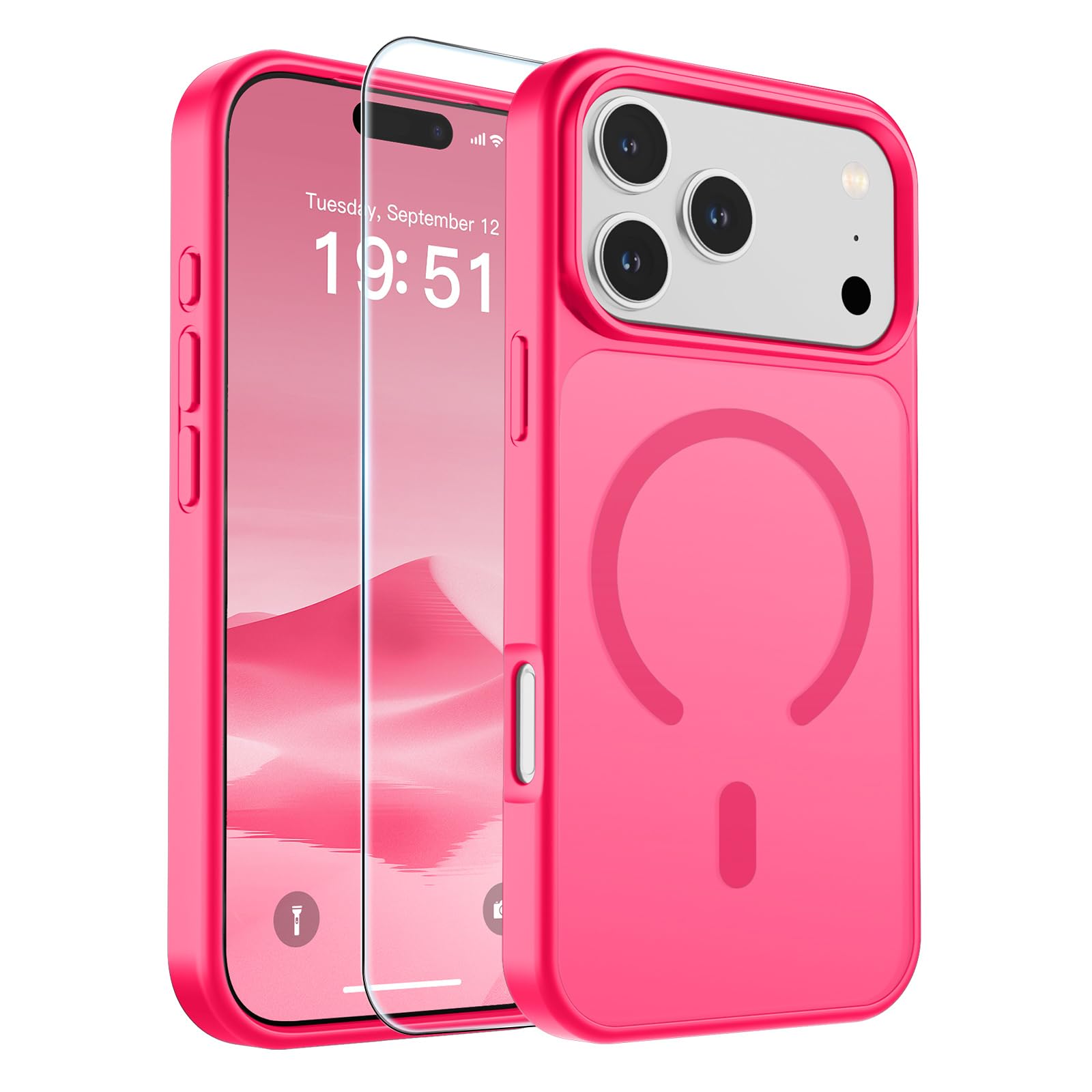 SUPFINE Magnetic for iPhone 17 Pro Case Hot Pink | With Screen Protector, Translucent Matte, Compatible with MagSafe, Military Grade Drop Proof, Rugged Shockproof Protective