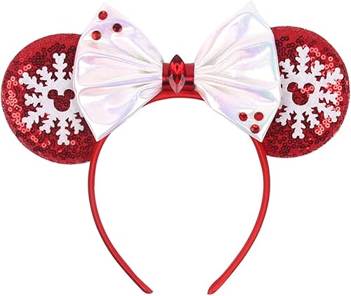 Miniatura 6 de Diadema de orejas de ratón de Navidad, diadema de copos de nieve de menta, diadema de lentejuelas con lazo para el pelo para recuerdos de fiesta