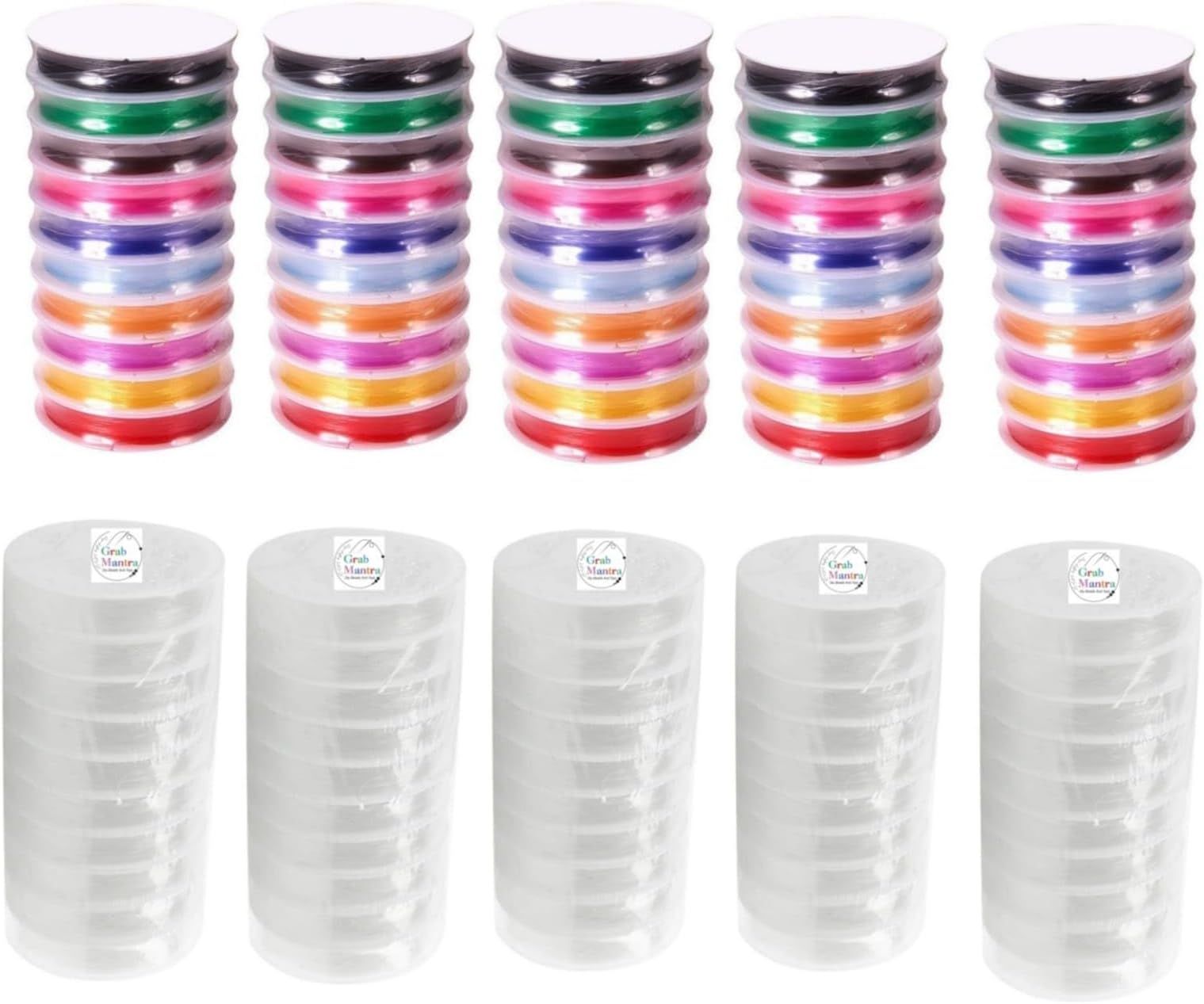 GrabMantra 100 Rolls 0.5mm Clear And Multicolour Elastic Crystal Stretch String Rope Beads Thread Cord for DIY Necklace Beading Jewelry Bracelet Making (Elastic Threads 1)