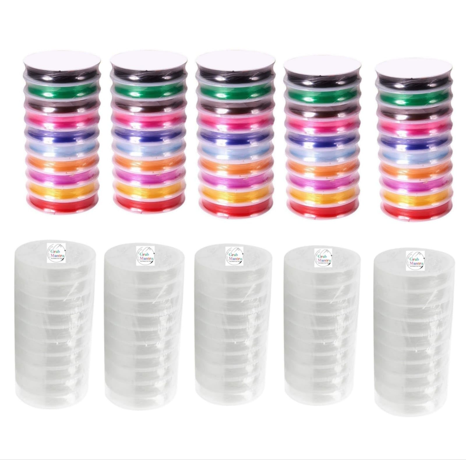 GrabMantra 100 Rolls 0.5mm Clear And Multicolour Elastic Crystal Stretch String Rope Beads Thread Cord for DIY Necklace Beading Jewelry Bracelet Making (Elastic Threads 1)