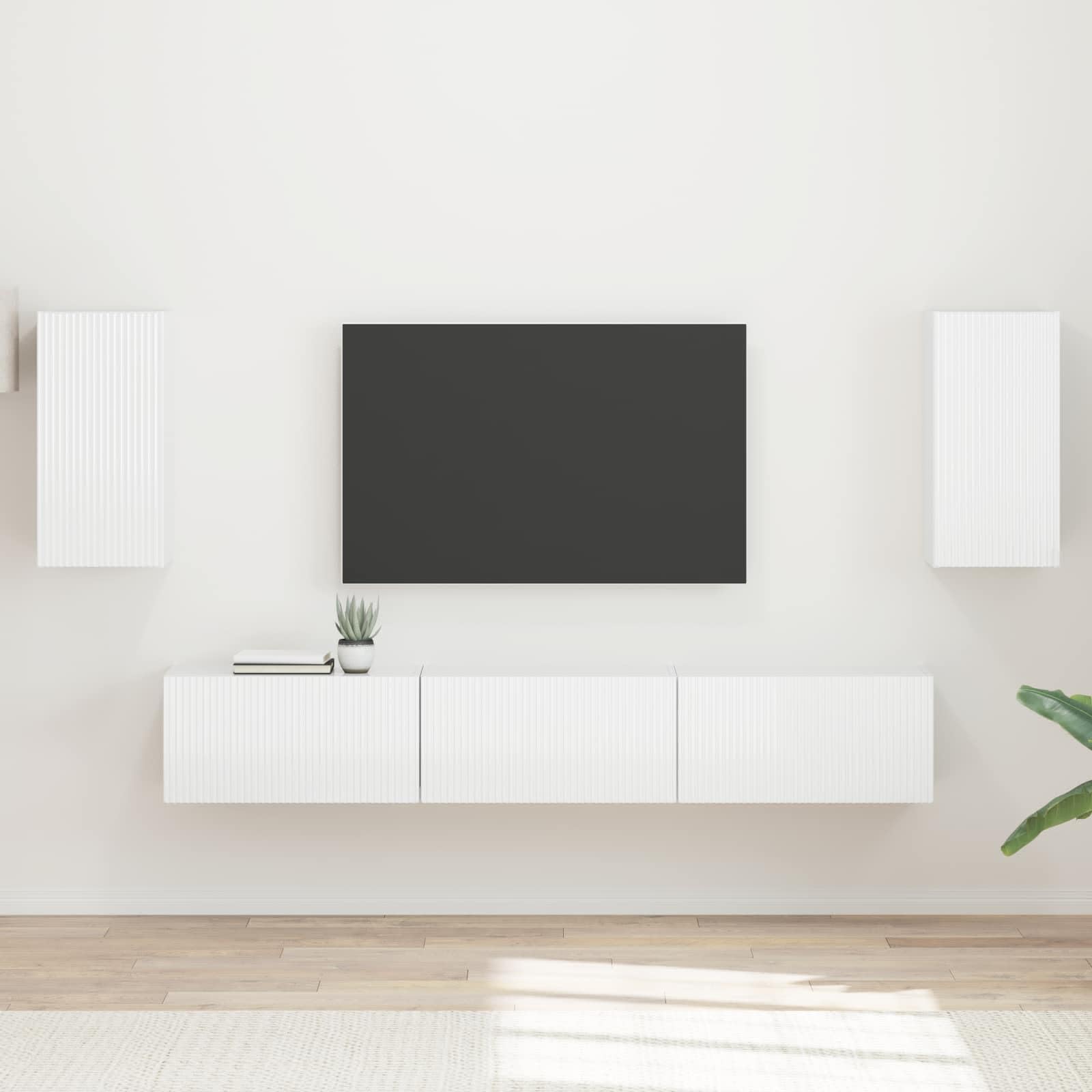 TV Schrank Wandmontiert 5er Set Hochglanz Weiß Holzwerkstoff Medienmöbel Wohnzimmer Schwebend Fernsehschrank Regal Unterhaltungscenter Aufbewahrung für TV Zubehör Gaming Konsole DVD
