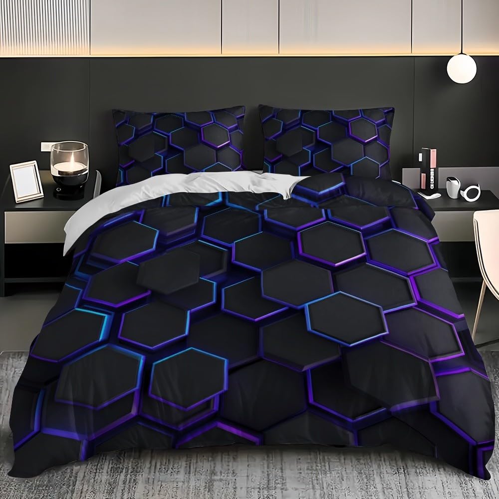 Miękka mikrofibra o strukturze plastra miodu geometryczne science fiction poszwy na kołdry 200 x 200 cm wygodna i oddychająca pościel 3-częściowy zestaw hipoalergiczny czarny poszewka na kołdrę na