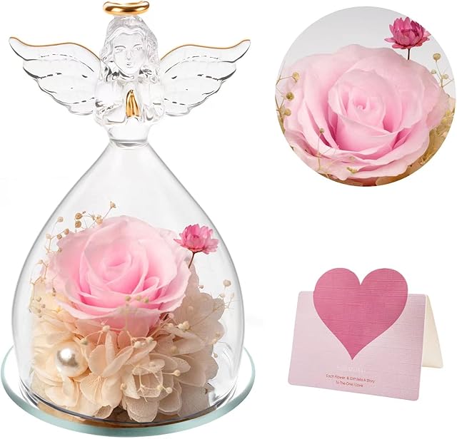 SHOKUTO Birthday Gifts for Mum Grandma Women,Preserved Real Rose Flower in Glass Angel Figurines,Thank you Gifts for Her Wife Girlfriend Sister on Christmas Anniversary Valentine Wedding Mother's Day