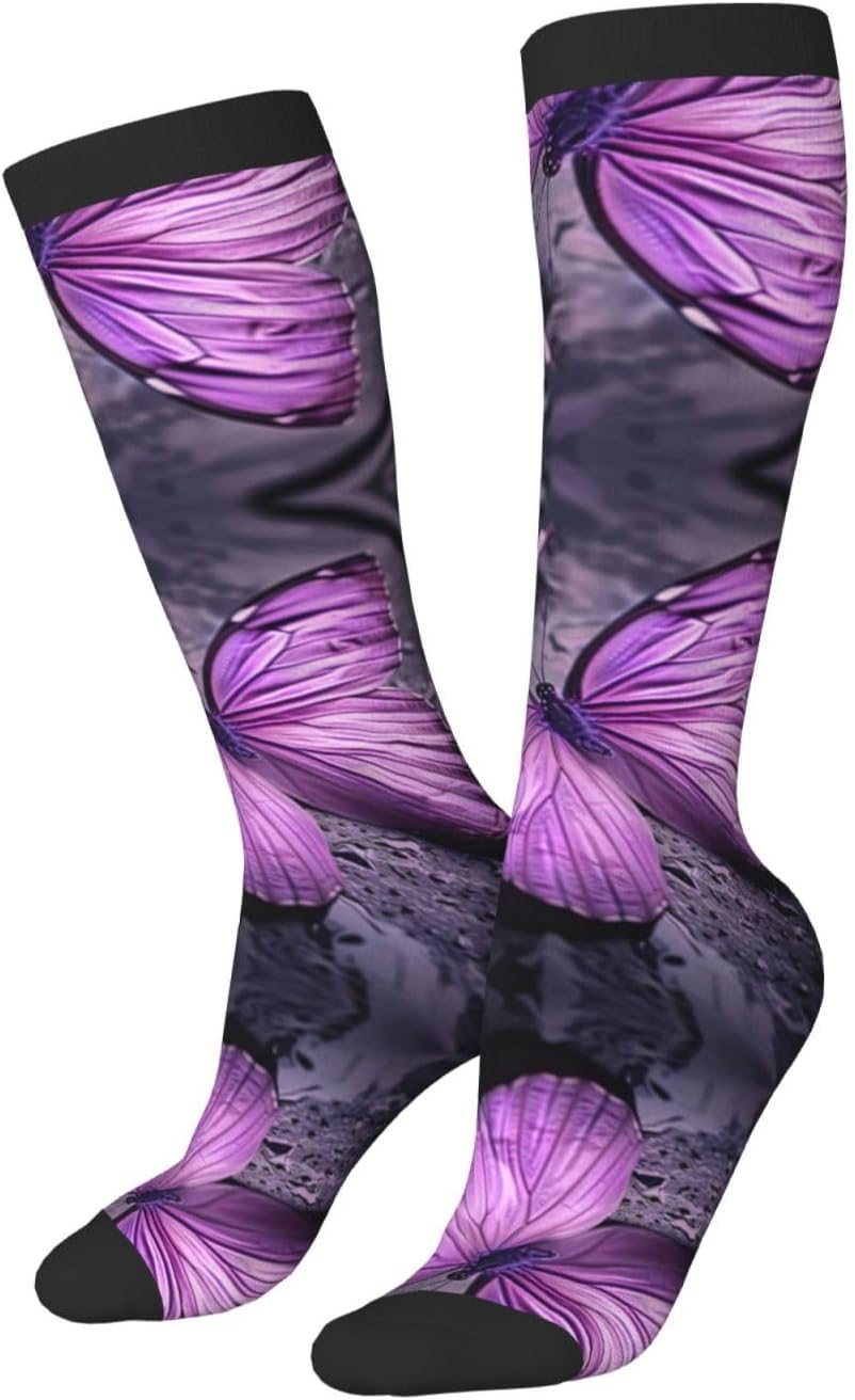 Purple Butterfly Print Breathable Crew Neck Athletic High Socks,Suitable For Sports,Running,And Travel.