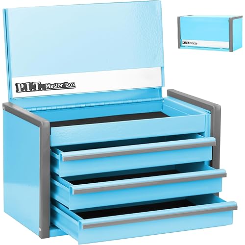 P.I.T. Mini Capri Blue Tool Box, Portable 3 Drawer Steel Tool Box with Magnetic Tab Locking, Capri Blue Micro Top Chest with Liner for Tools Storage, Home DIY