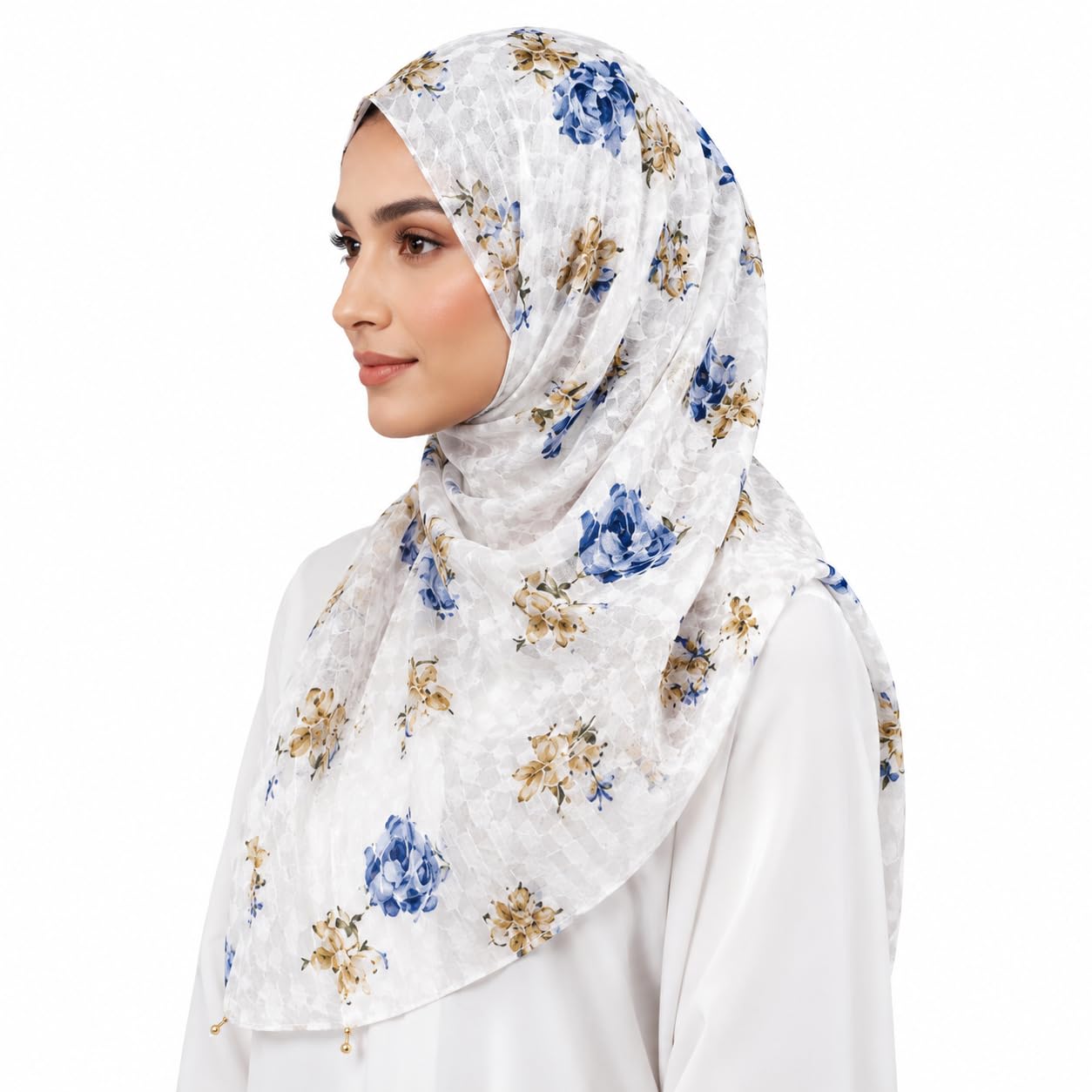 Women's Floral Printed Soft Chiffon Hijab Scarf | Lightweight, Breathable & Wrinkle Texture | Elegant Muslim Head Scarf for Daily Wear, Prayer, Travel & Casual Use | White Blue Green-image-37