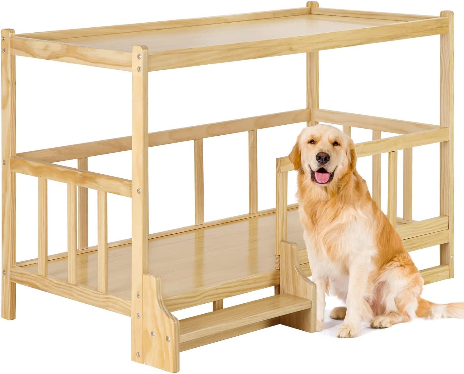 Dog Bed Wooden Dog Bed Frame Dog Kennel Furniture Elevated Pet Bed Dog Bunk Wooden Bed Dog Bed with Rails for Medium & Small Dogs for Dogs Pet Cat ()