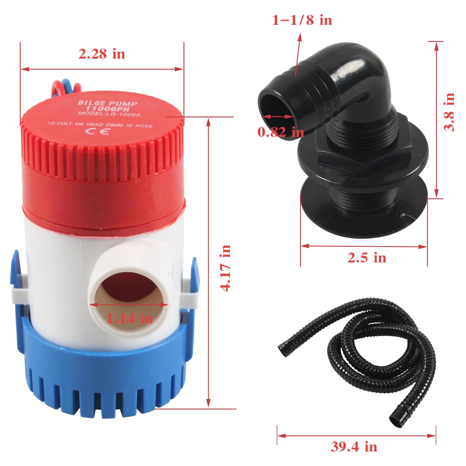 Pompa di sentina 12V 1100 GPH per barche, pompa sommersa con attacco 1-1/8", tubo 6,5 FT, fascette in acciaio inox e passacarcassa, adatta per barche da pesca e motoscafi