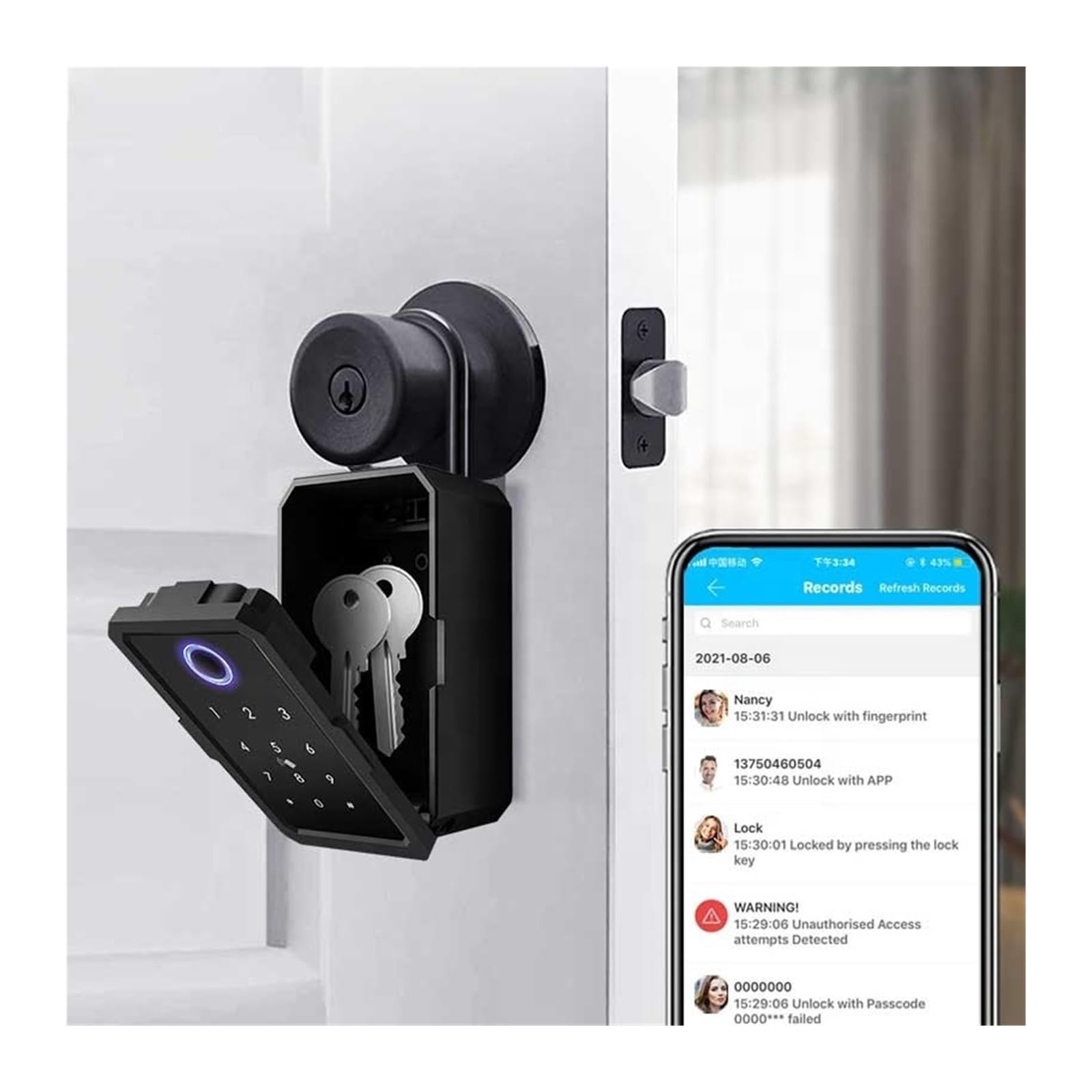 Cassetta di sicurezza, Cassetta di sicurezza intelligente con accesso remoto, in metallo, impermeabile, for nascondere le chiavi, codice digitale Finrprint e app