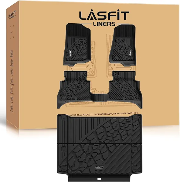 LASFIT Floor Mats & Trunk Mat for Jeep Wrangler Unlimited 4XE 2021-2025 4 Door with Subwoofer, Plug-in Hybrid EV-Gas (PHEV), All Weather TPE Custom Fit Floor Liners Cargo Mat Black