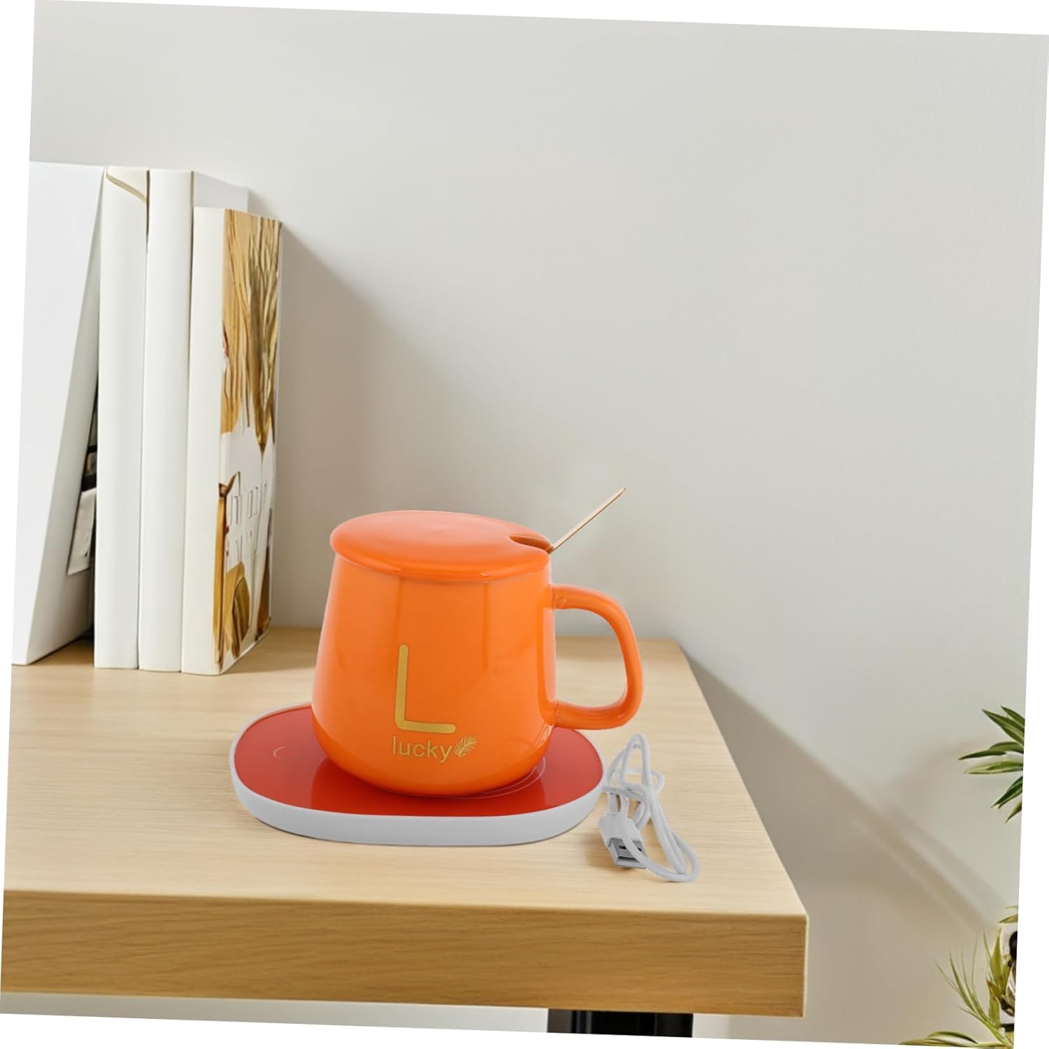 1set Electric Coffee Warmer Set with Mug Lid and Spoon Practical Auto Heating Beverage Warmer for Christmas and Birthdays