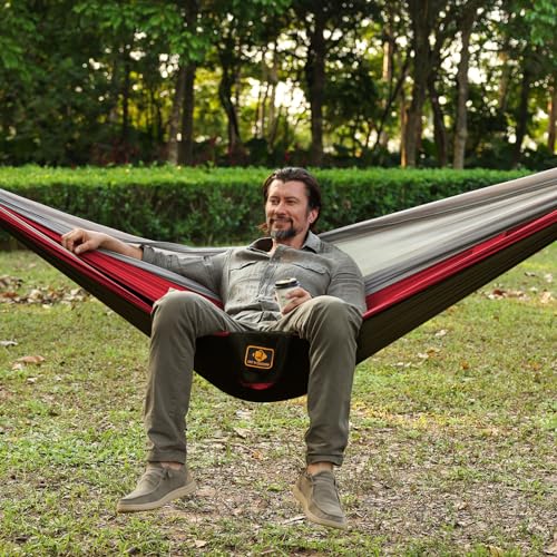 Image of Camping Hammock, Portable Hammocks with Mosquito Net,Lightweight Nylon Parachute Hammock with 10ft Tree Straps,Camping Gear Must Haves for Travel Hiking Backpacking Beach Patio-Black&Red