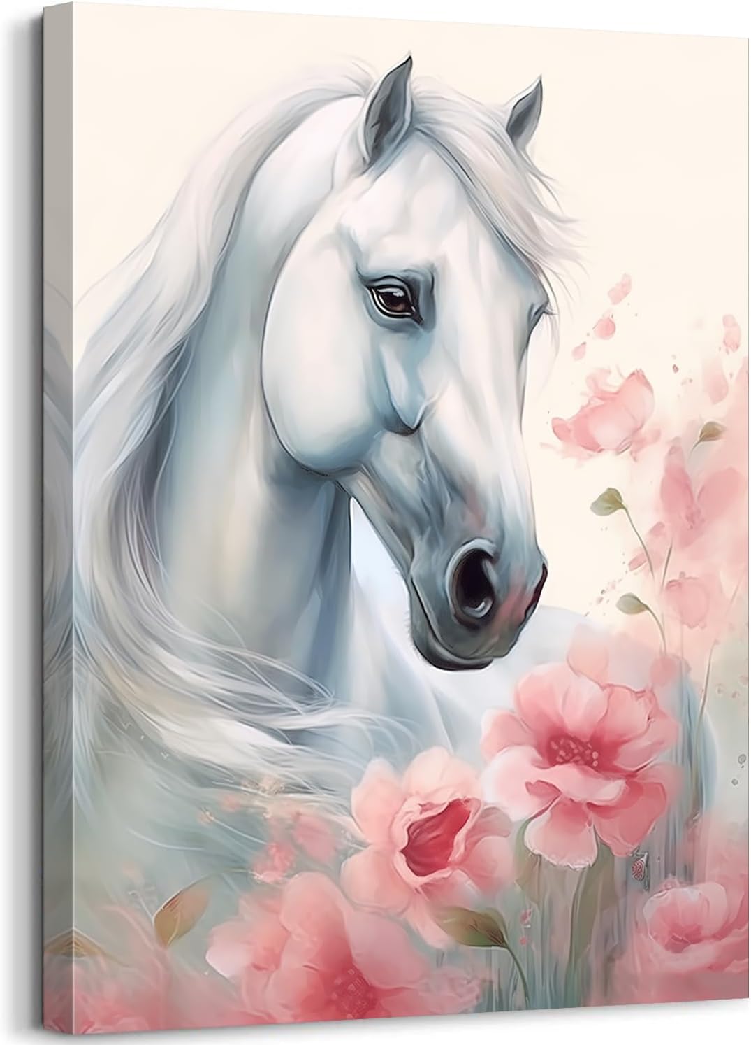 GLOKAKA White Horse Canvas Wall Art - Watercolor Horse and Pink Flower Picture - Animal Painting Print on Canvas - Farmhouse Wildlife Artwork for Home or Girl's Bedroom Decor