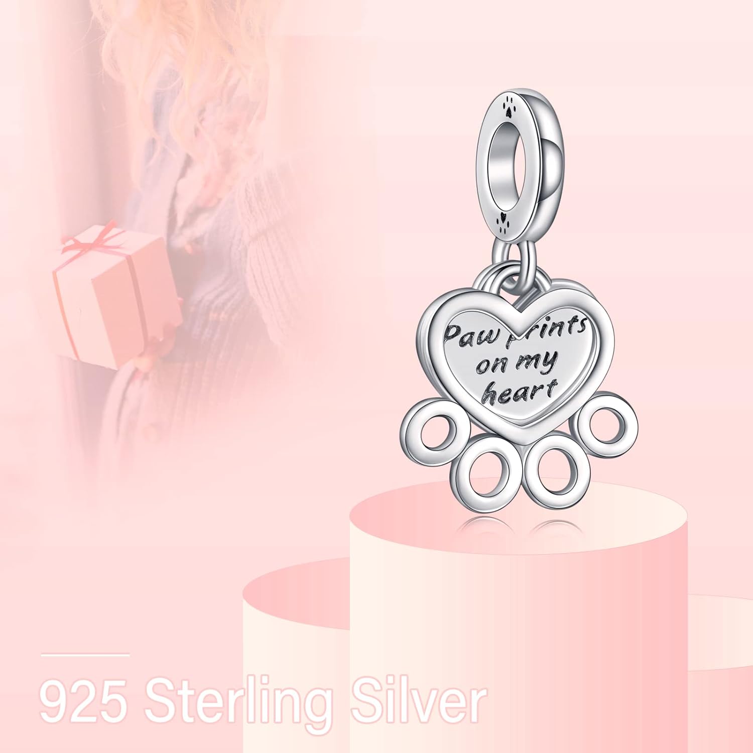 Heart and Paw Prints Dangle Charms 925 Sterling Silver Pendants for Bracelets - Image 3