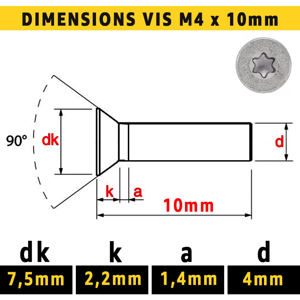 10 Vis Torx Sécurité M4x10mm - Tête Fraisée Inox Acier - Pour Machine Ou Bricolage