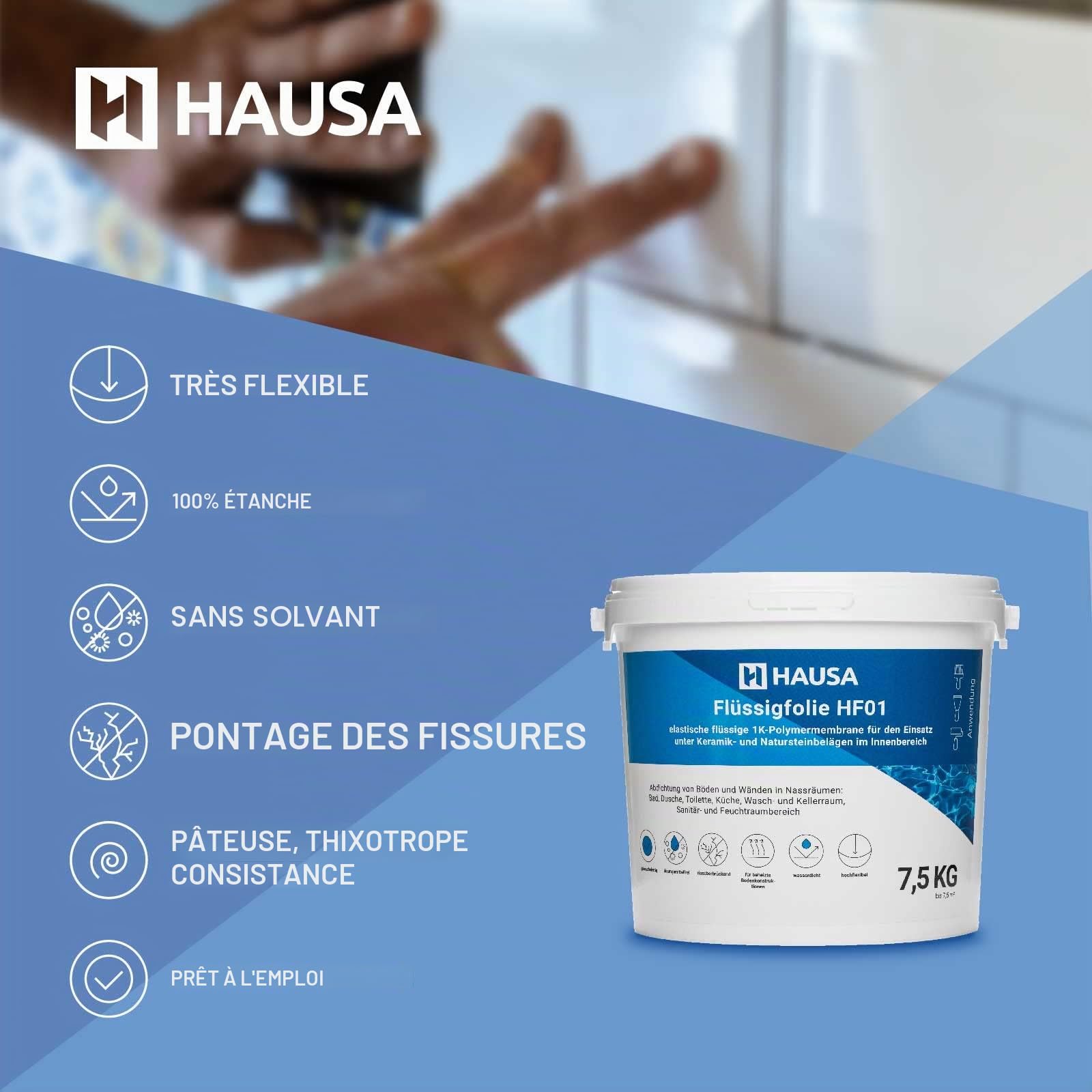 HAUSA HF01 Film Liquide pour l'Intérieur Étanchéité de Douche de Salle de Bain Membrane Polymère Élastique Liquide Monocomposant Masse d'Étanchéité Film d'Étanchéité Bleu 7,5kg à 7,5m2