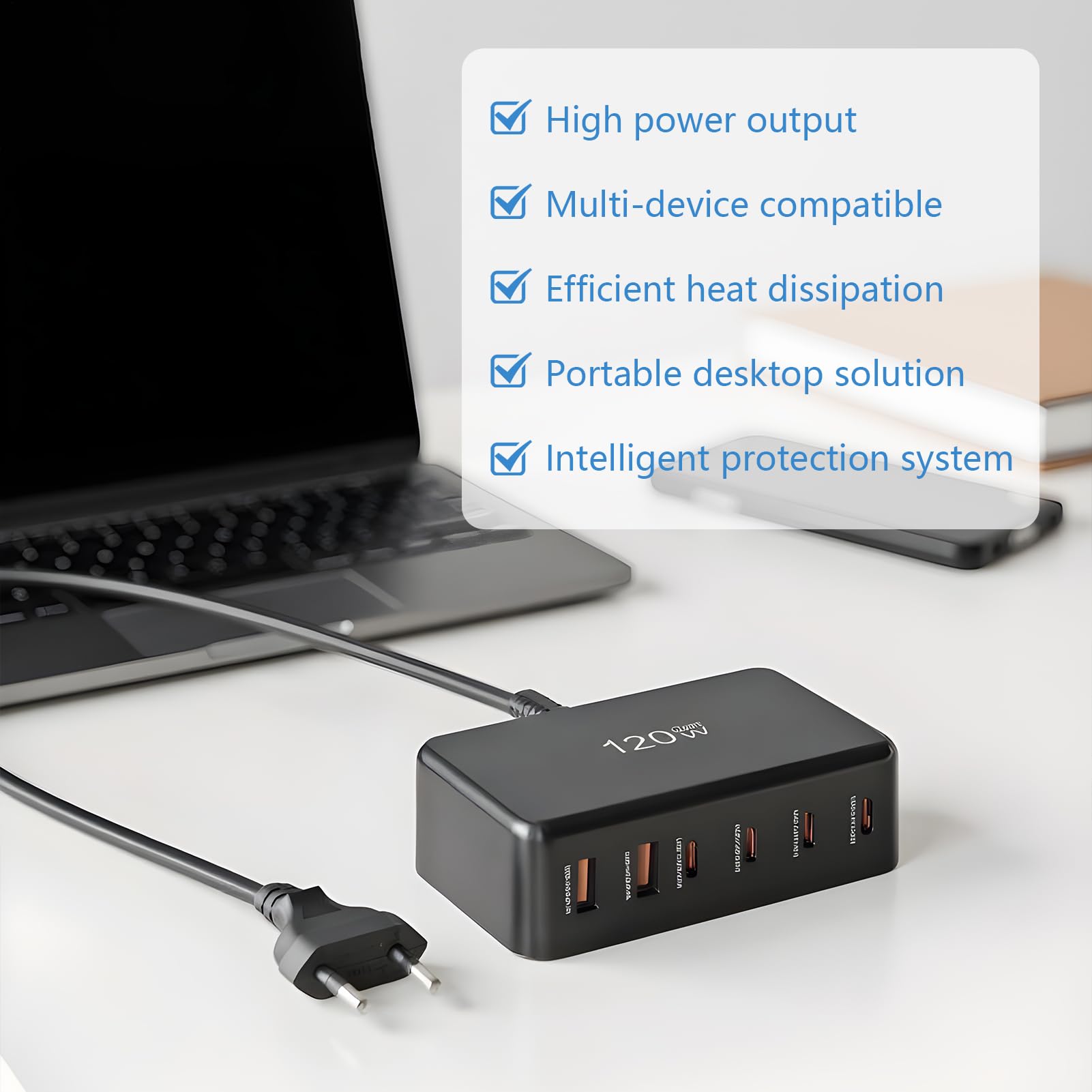 Caricabatterie USB C Rapido Ricaricabatterie Portatile per Telefoni | Dispositivo di Ricarica Rapida da 120W 6 Porte per Utenti di Dispositivi Mobili e Persone Attive Viaggiatori