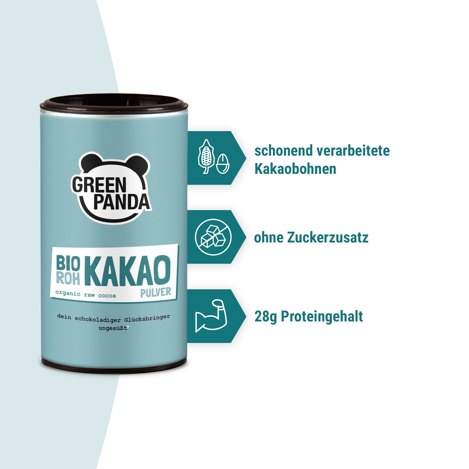 GREEN PANDA© Cacao amaro in polvere puro bio | Cacao magro estratto a bassa temperatura | cacao crudo in polvere per cioccolata calda, frullati, dessert, da forno o in muesli | 2 x 125 g