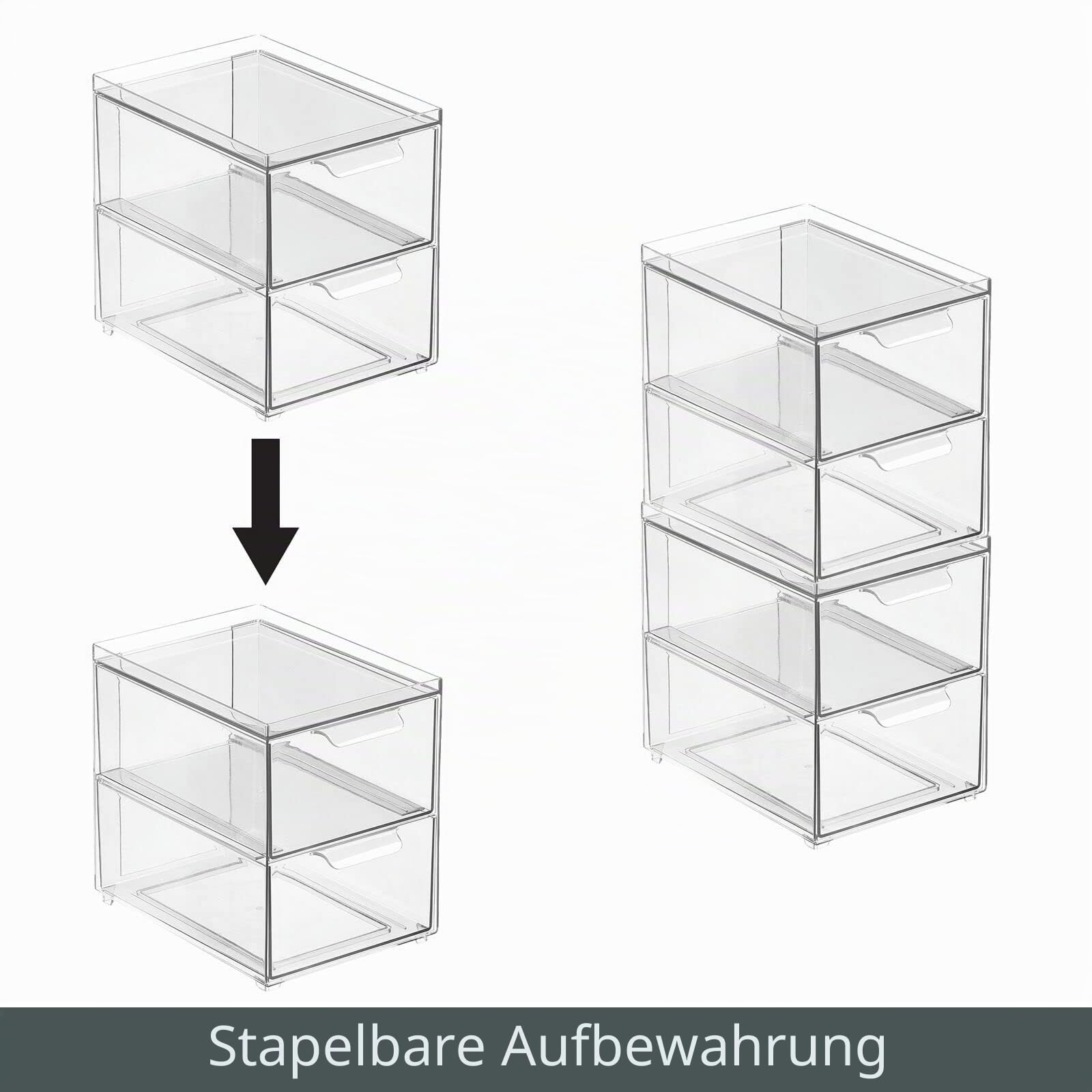 mDesign Schubladenbox mit 2 Schubladen – Stapelbox aus Kunststoff für Küchen- und Kühlschrank – Küchen Organizer für Snacks, Nudeln, Gemüse etc. – 4er-Set – durchsichtig