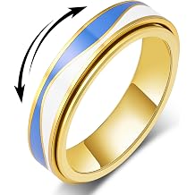 Fidget Spinner Ring for Women Unsex Enamel Rings Hypoallergenic Band Blue Sky and White Cloud Stripes Outer Anxiety Relief Fidget Toys Adults Stainless Steel Thumb Rings for Men Silver Gold Plated Size 5-10