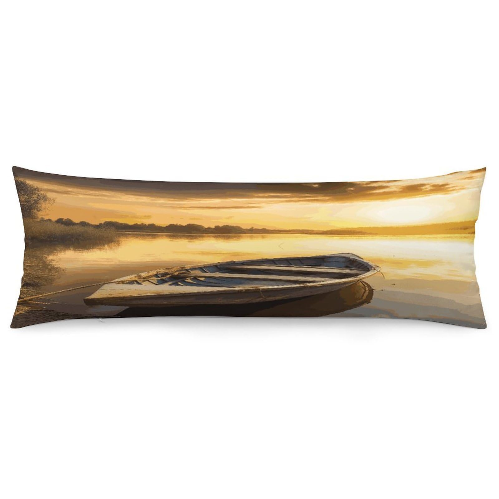 River Sunset Wooden Boat Pillowcase Decorative Long Body Pillow Case Soft Breathable Body Pillow Cover Modern Large Pillowcase Cute Body Pillow Pillowcases for Bedroom Couch 18.9 X 53 Inch