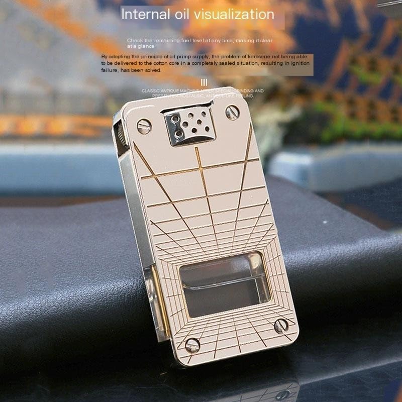 Cool Lighter, Refillable Kerosene Retro Lighter with Visible Fuel Tank Cigar Lighter, Cigarette Lighter, Gift for Men(C)