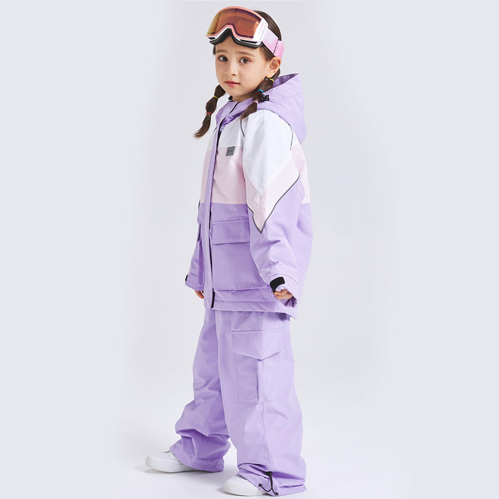 Traje de nieve infantil de 2 piezas, chaqueta de esquí + pantalones de esquí, impermeable, cortavientos, transpirable, con capucha, para niños y niñas, traje de esquí de invierno, lila, 120