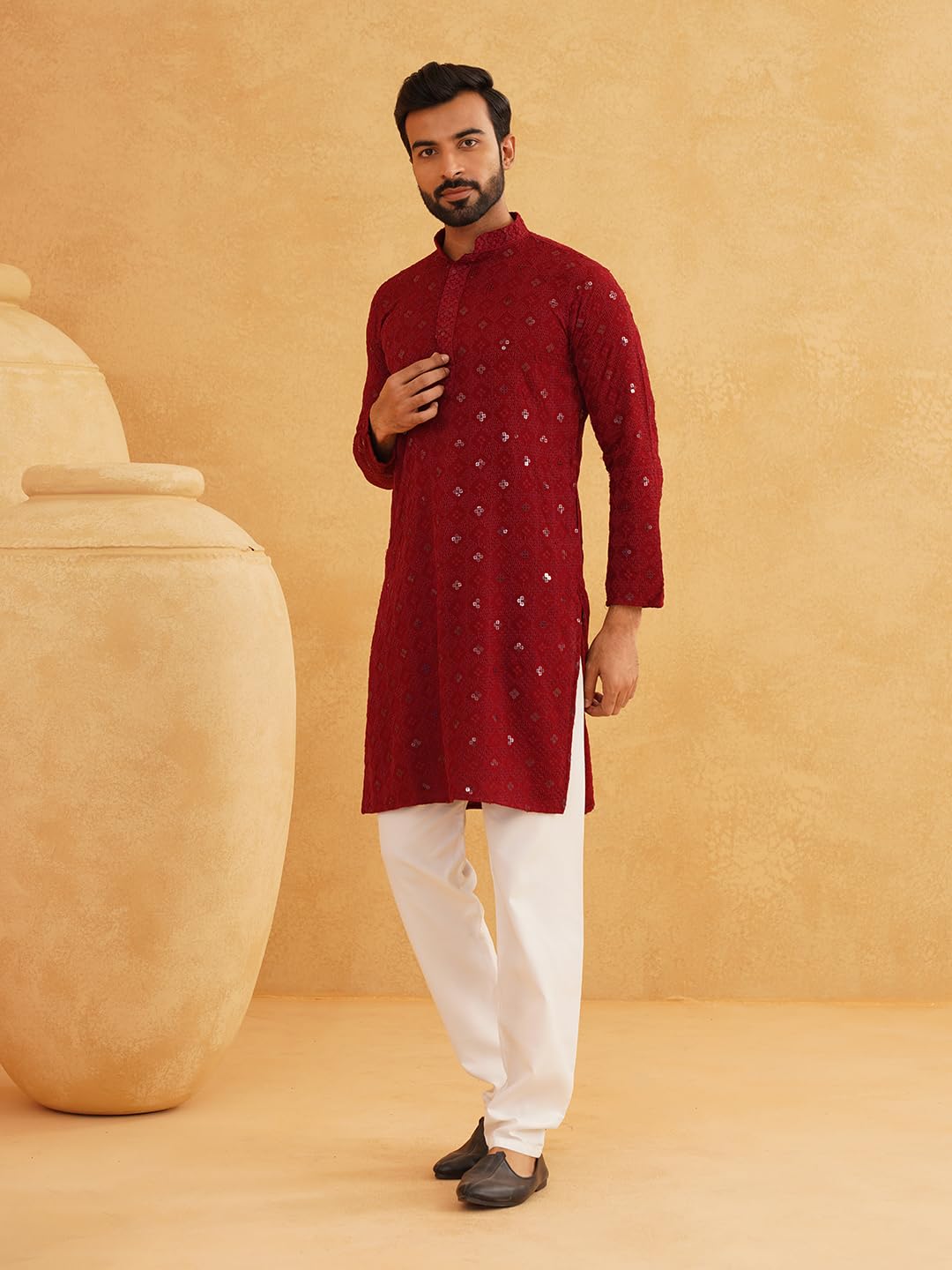 Sojanya (Since 1958 Men's Cotton Embroidered Sequinned Maroon Long Kurta Size 42