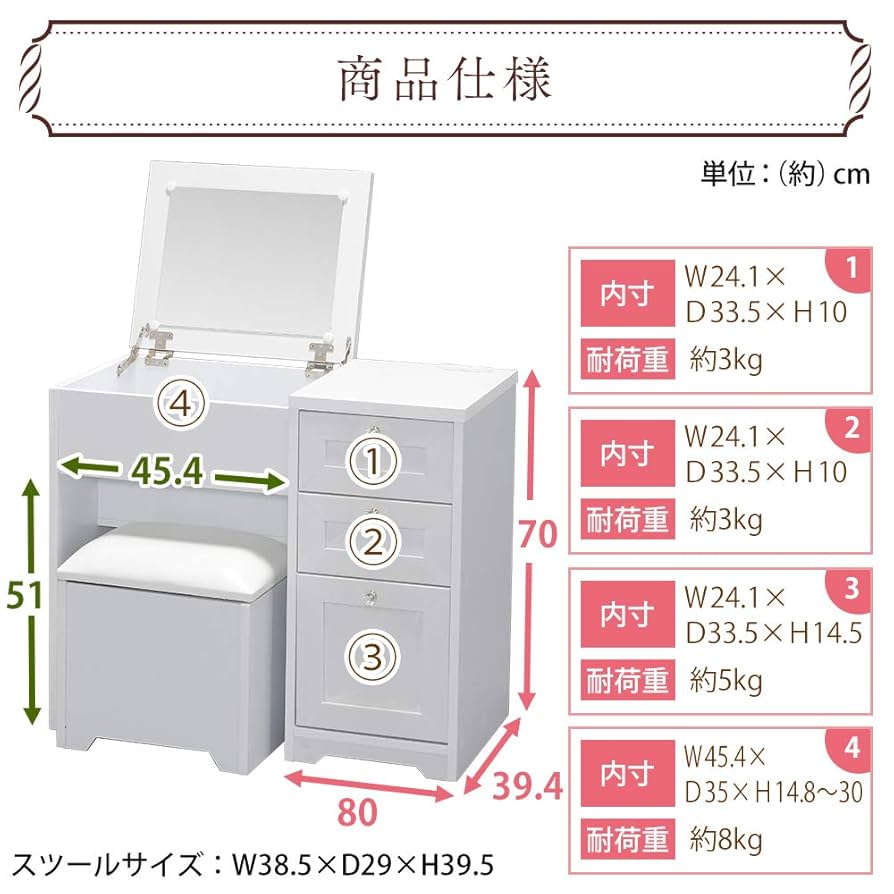 Amazon｜アイリスプラザ 鏡 ドレッサー 白 コンパクト 椅子 化粧