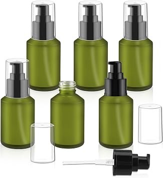 6 Pcs Frosted Green Glass Pump Bottle Empty Lotion Foundation Container Cosmetic Dispenser with Press Pump for Essence Lotion - 30ml/1oz