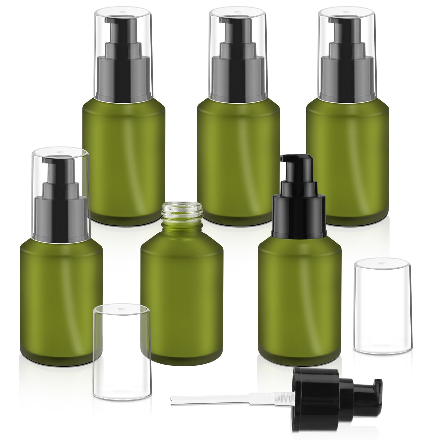 6 Pcs Frosted Green Glass Pump Bottle Empty Lotion Foundation Container Cosmetic Dispenser with Press Pump for Essence Lotion - 30ml/1oz