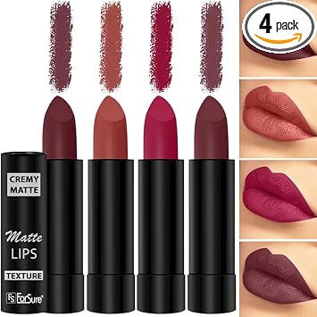 ForSure Cremy Matte Lipstick Combo Of 4 Shades- 3.5gm Each (Pink Berry, Rust Orange, Tan Red, Ruby Magenta)