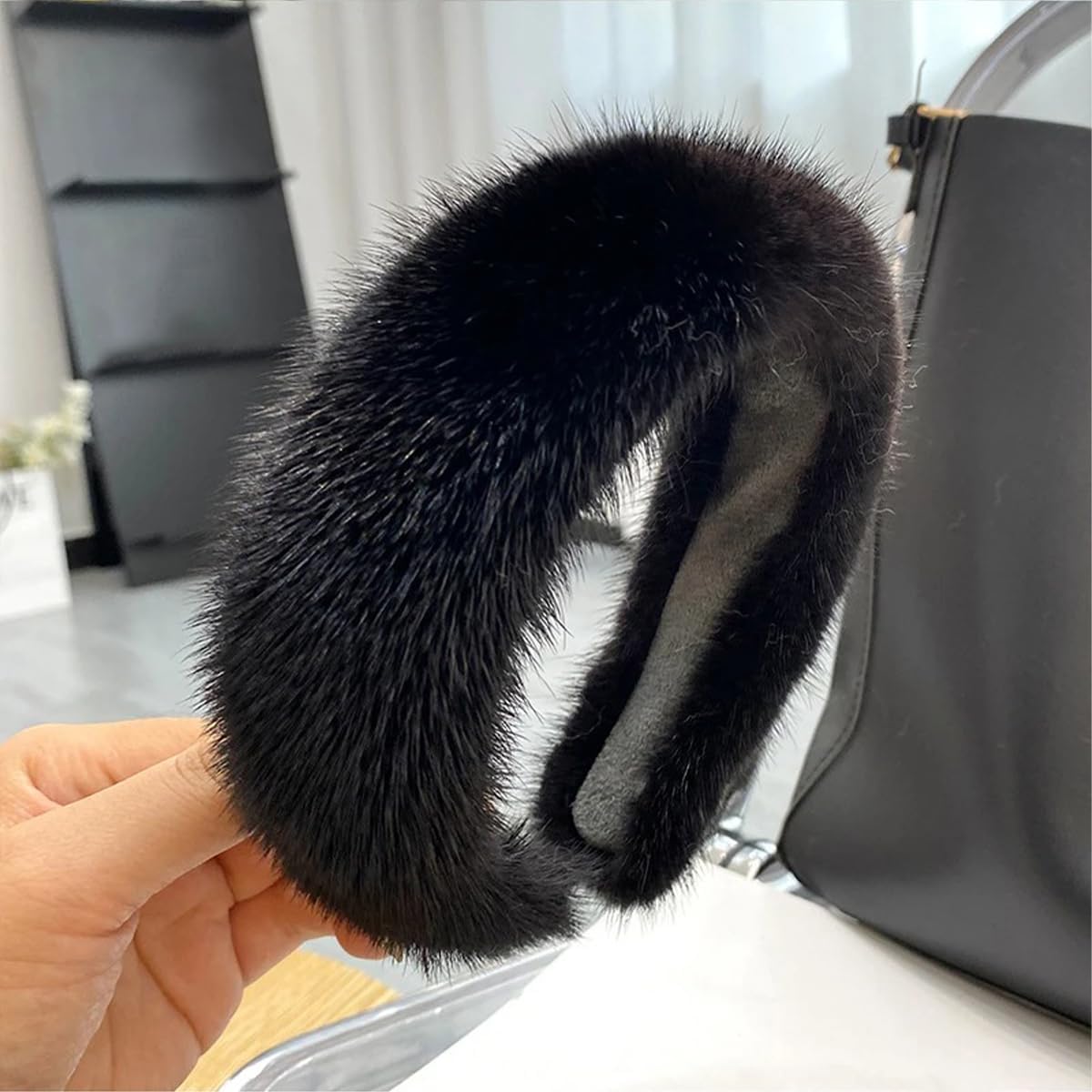 Queenbox Elastic Faux Fur Headband, Soft Furry Solid Winter Hairband for Women Fashion Makeup Trendy, Black