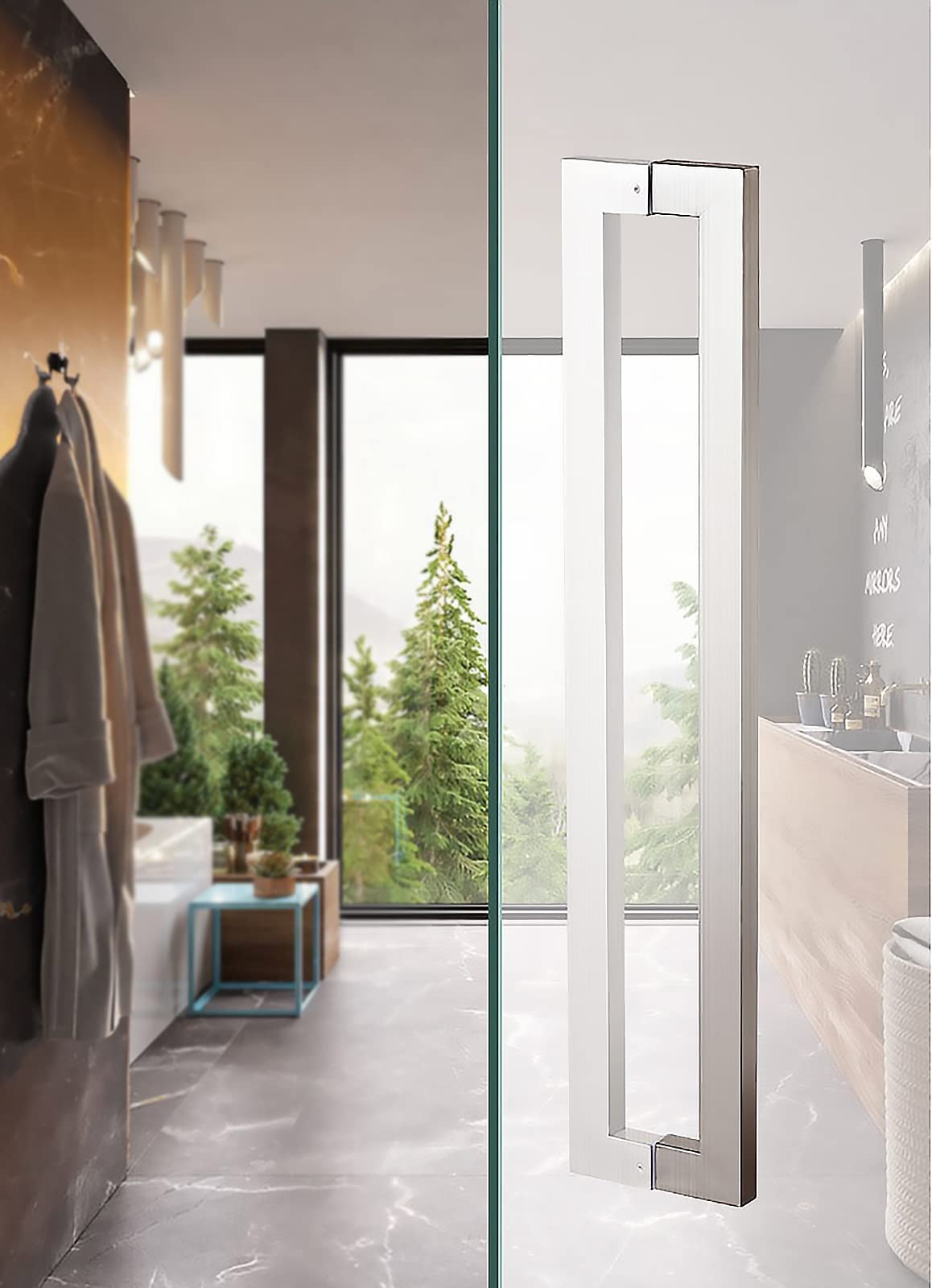 Bhgfyxbs Silver Modern Shower Glass Door Handle, 4/5 Ft Square Metal Push Pull Bar Handles For Closet Barns, Double-Sided Mounted/Silver/80Cm/31.5In,-43.8Cm/17.2In,-43.8Cm/17.2In