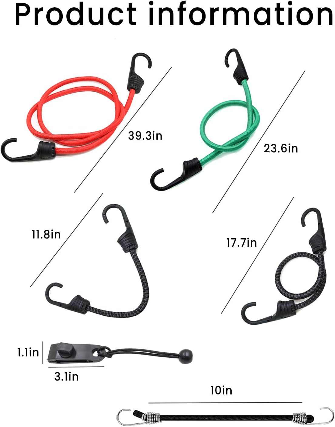 16 Pack Bungee Cords with Hooks, Heavy Duty Elastic Straps for Bike, Motorcycle & Cargo (39.4"/23.6"/17.7"/11.8"), Includes Tent Clips & Tie-Down Straps