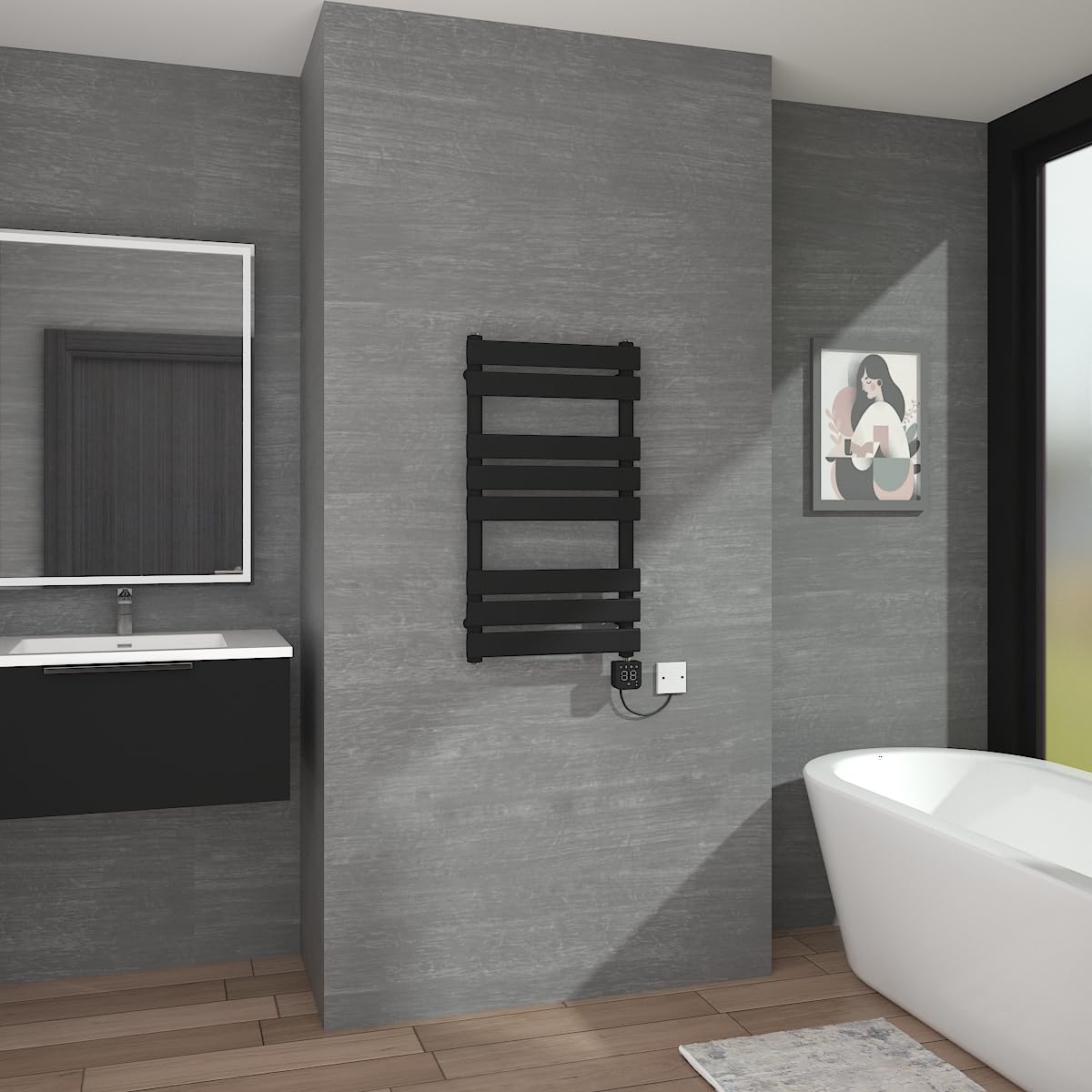 Warmehaus Black Smart Wifi Touch Screen Thermostatic Electric Heated Towel Rail Radiator Flat Panel With Weekly Timer Child Lock Bathroom Ladder Radiator 800X450mm 400W