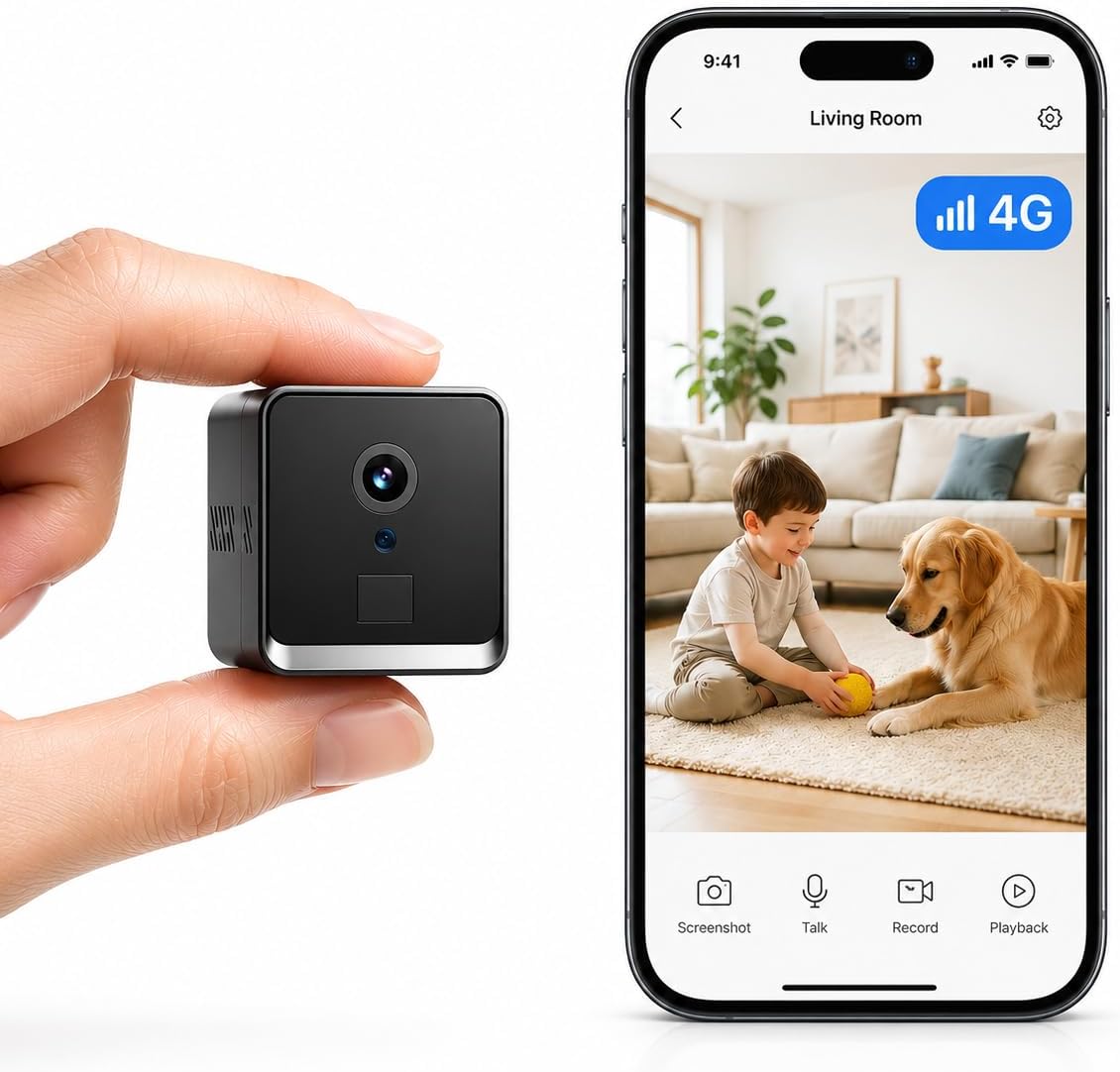 Mini 4G Wireless Security Camera, No WiFi 2K HD Indoor Surveillance Camera with Built-In SIM Card for Remote Viewing, PIR Motion Detection Auto Night Vision Real-Time Alerts, Portable Battery Camera