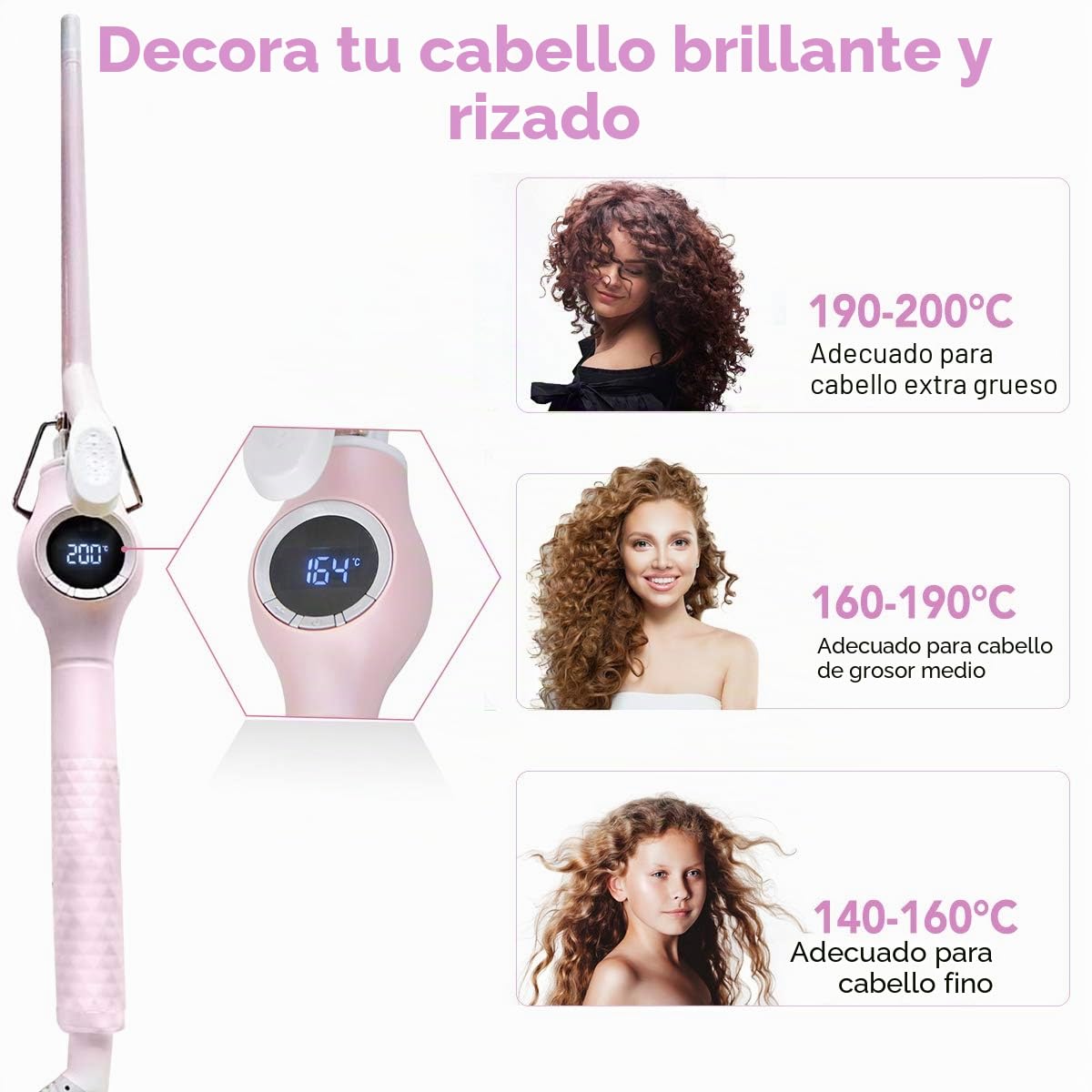 Pinzas para rizar, de 9 mm, rizador de barril de cerámica turmalina con pantalla de temperatura ajustable (140 ℃ -200 ℃), rizador fino para cabello largo y corto, contiene 1 guante y 2 clips
