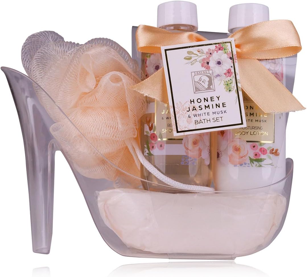Accentra – set de ducha set de regalo para mujer HONEY JASMINE en hermosos tacones – set de cuidado de 3 piezas con gel de ducha, loción corporal y esponja de baño – set de regalo de bienestar