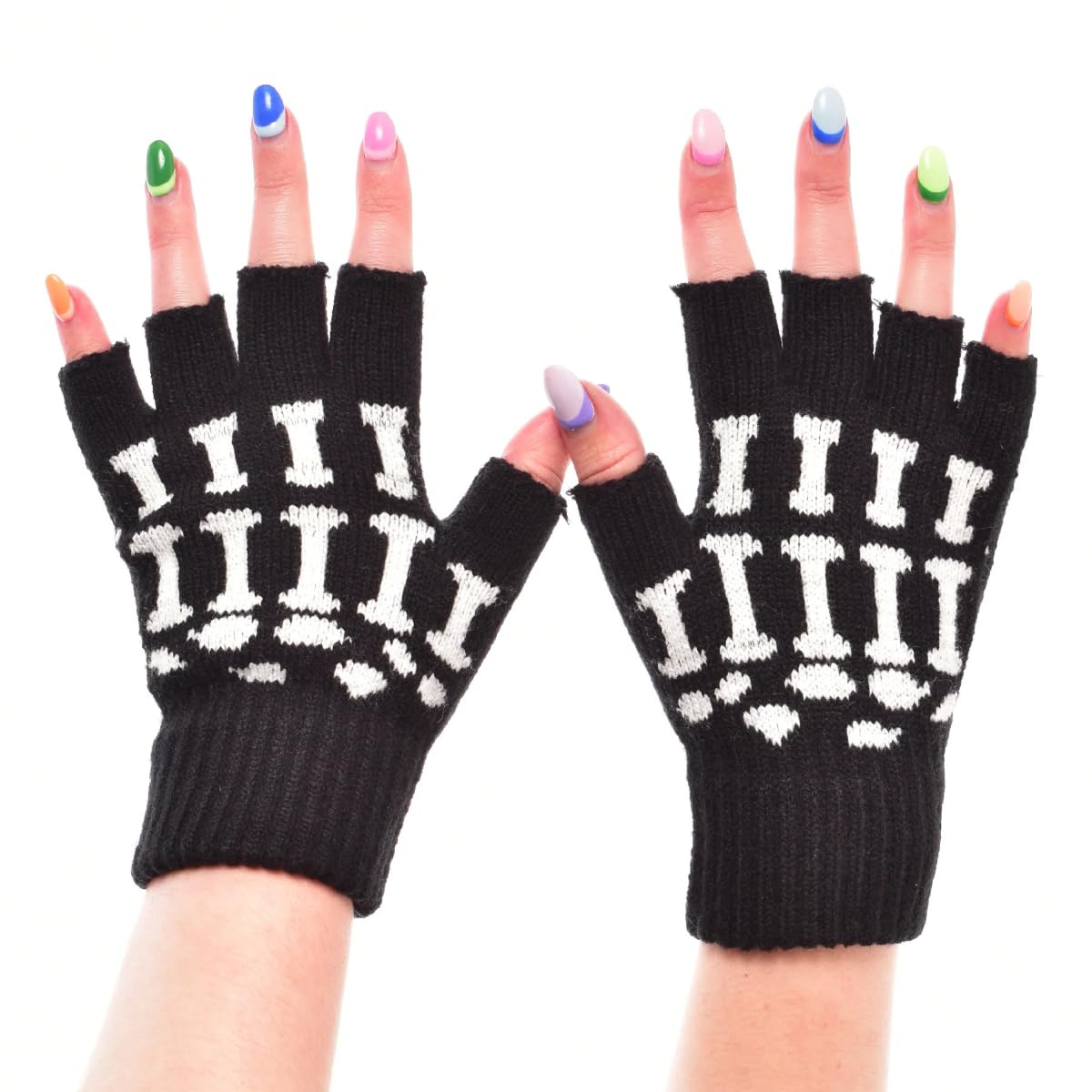 Poizen Industries Women's Black Dark Gothic Halloween Fingerless Skeleton Bone Gloves