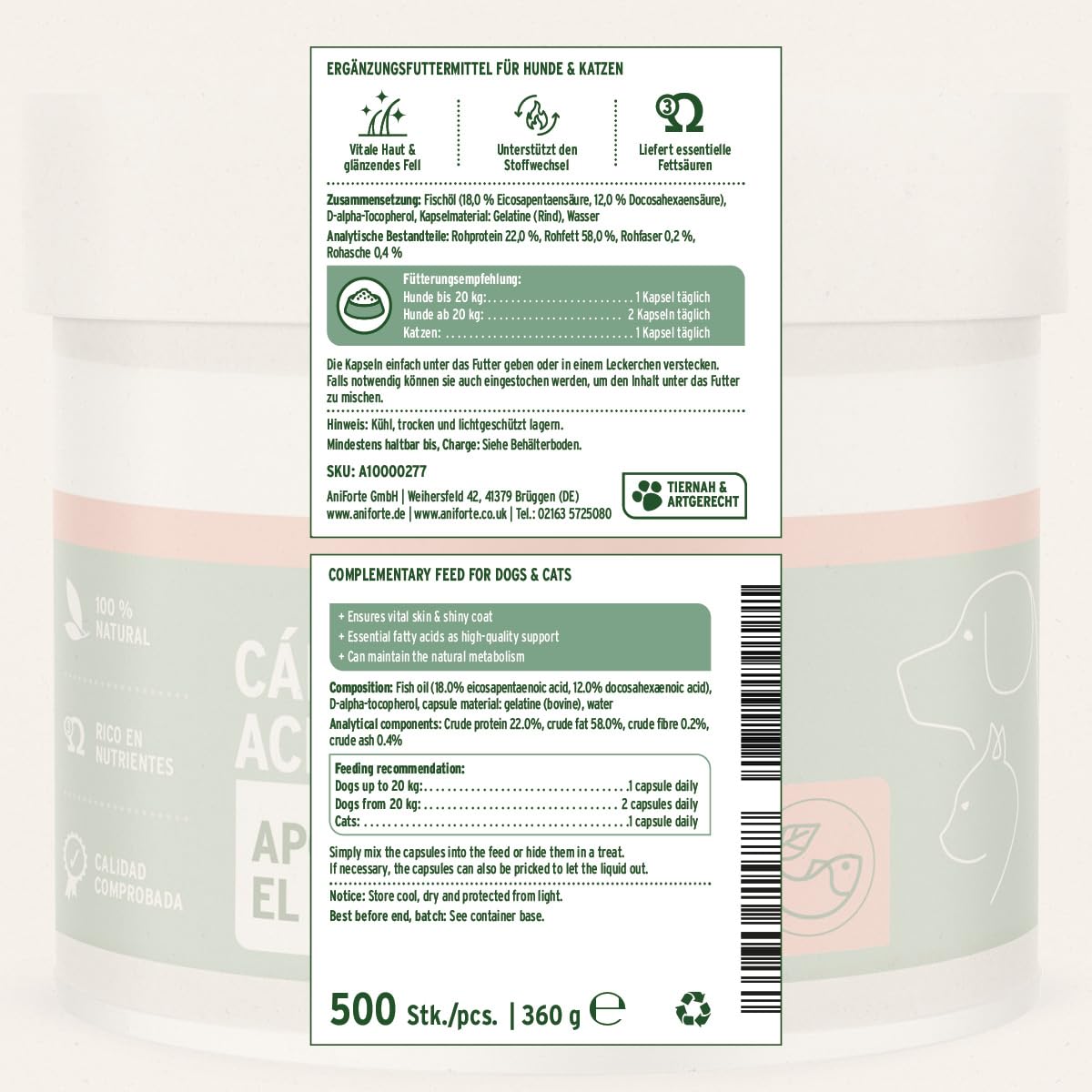 AniForte cápsulas de Aceite de salmón para Perros y Gatos 500 Unidades - valioso Aceite de Pescado Omega 3 y 6 y vitaminas para el metabolismo, la formación ósea y un Pelo Brillante