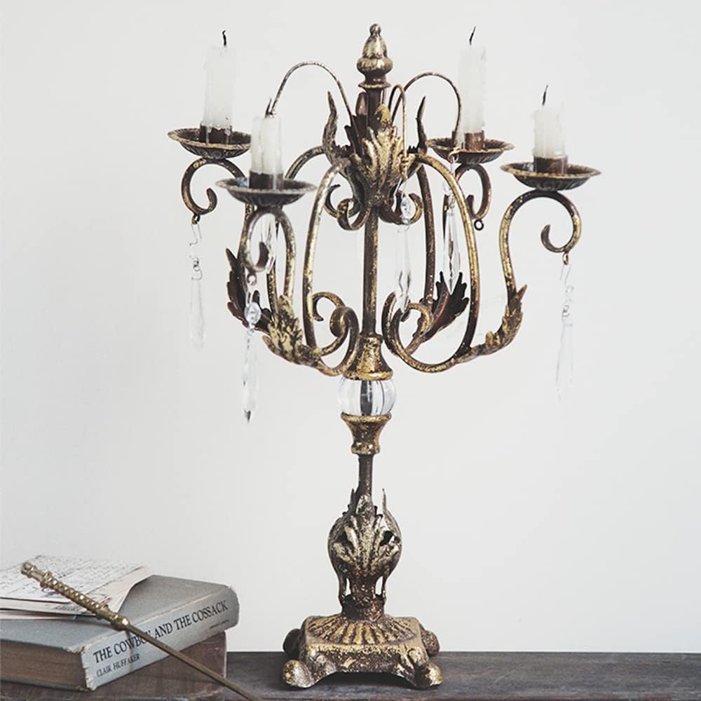 Rustic 4 Arms Metal Candle Holders Candleabwith Distressed Finish,Crystal Candelabra Candlestick for Birthdays, Weddings, Table Decoration, Event Decoration, and Centerpieces 19.2" H