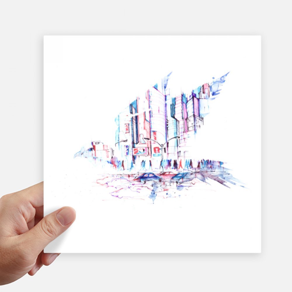 Autocollant carré voitures et gratte-ciel aquarelle 20cm lot de 4 stickers pour mur et PC