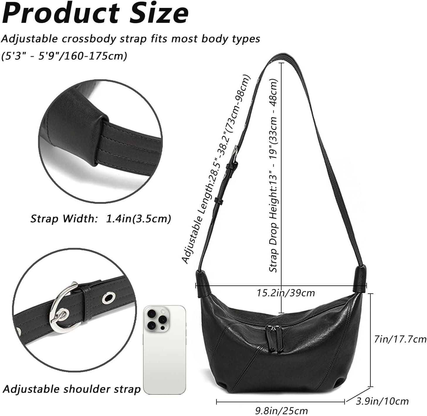 Genuine Leather Hobo Bag, Crossbody Bags for Women, Slouchy Shoulder Purse, Crescent Bag with Adjustable Strap - Image 6