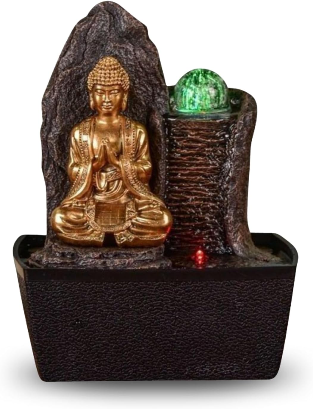 Haka Buddha Fountain – Relaxing Buddha Room Fountain with LED Light – Feng Shui Object – Lucky Charm Decoration – Table Fountain – Closed Circuit – Brown and Gold – H 26 cm – Zen'Light