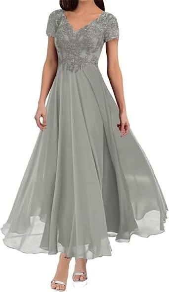 Tea Length Mother of The Bride Dresses Short Sleeve Lace Chiffon A-line Wedding Formal Dress for Women Silver US8