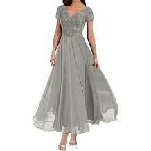 Mother of The Bride Dresses for Wedding Tea Length Lace Chiffon A Line V Neck Short Sleeve Formal Evening Dress for Women