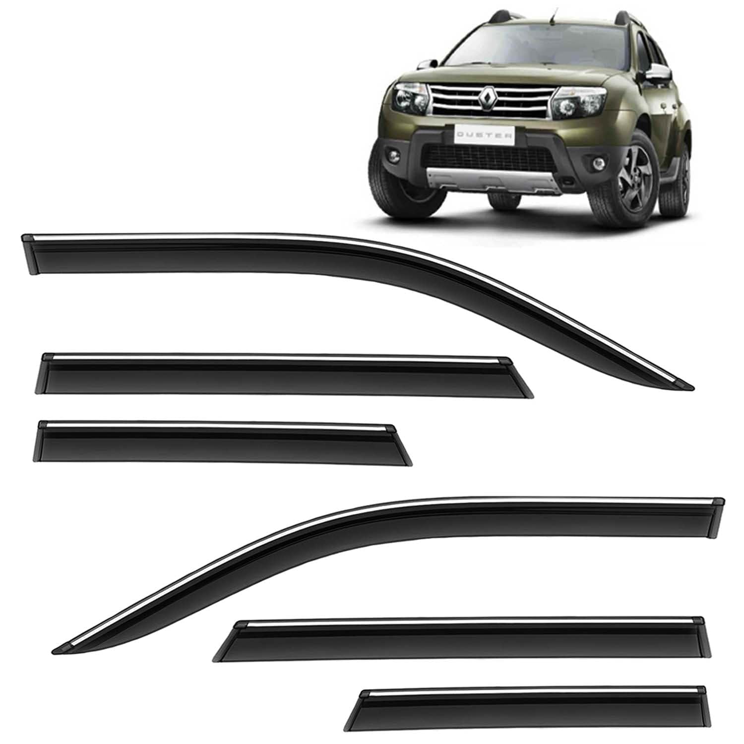 KINGSWAY Accessories Chrome Lining Door Visor Only Compatible with Renault Duster Year 2012 to 2014 All Model, Premium Chromeline Unbreakable Car Rain Guard Side Rear Wind Deflectors, Set of 6 Pcs